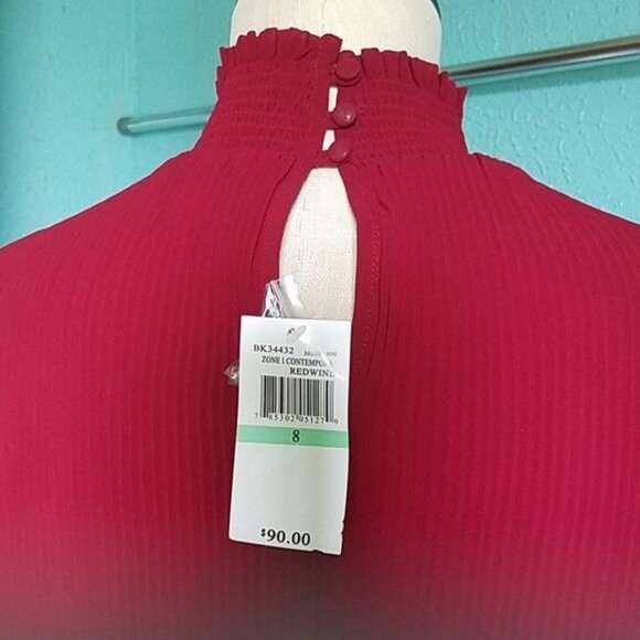 Dress Red Long Pleated Bell Sleeves Ruffle Collar Grey & Gray Women's WOMAN'S 8 - Picture 11 of 12